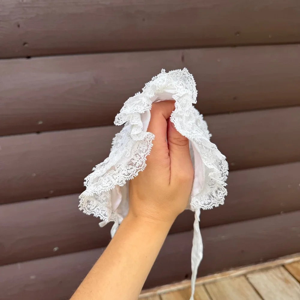 Vintage Lace Bonnet Baby White Tiered Ruffle Ribbon Tie Baptism Christening